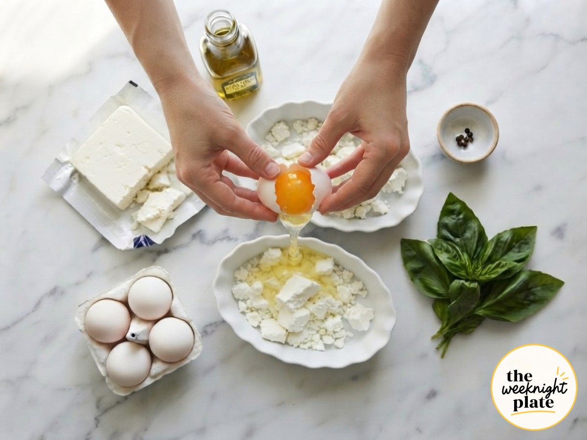Cracking a whole glossy egg over feta in a ramekin before baking feta eggs in ramekins in the oven