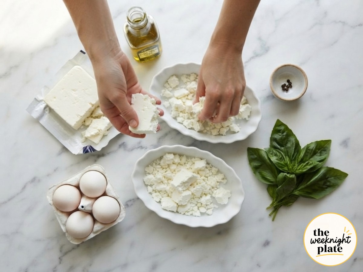 Hands pressing crumbled feta into ramekins, the first real step of making baked feta eggs in ramekins