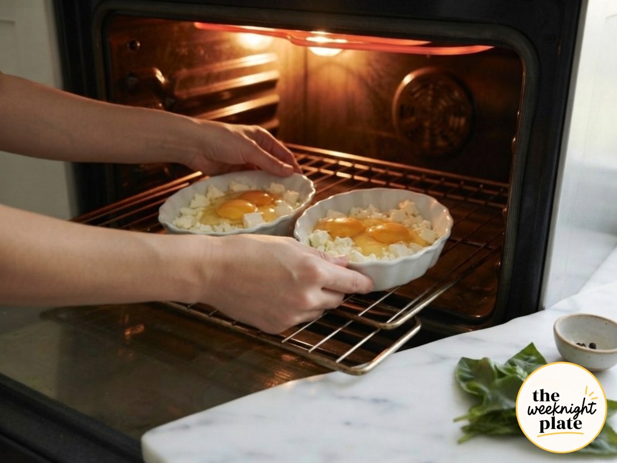Feta and raw egg ramekins going into a glowing hot oven to begin baking feta eggs in ramekins