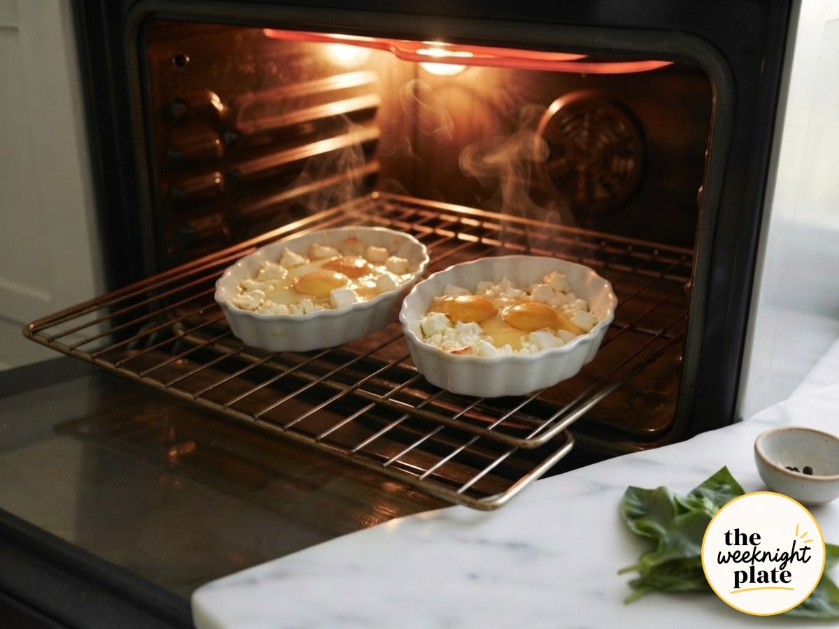 Baked feta eggs in ramekins mid-bake with golden edges, steam, and softly setting egg whites
