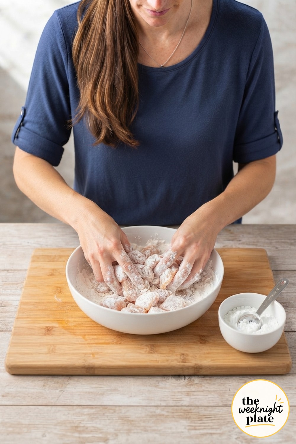Hands tossing chicken pieces in flour and cornstarch, the dry coating that crisps baked orange chicken in the oven.
