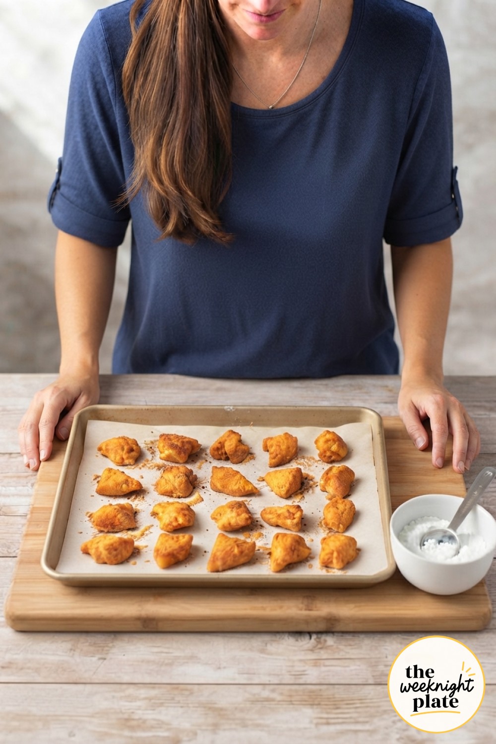 Golden, crisp baked orange chicken pieces fresh out of the oven, unsauced and ready for the glaze.
