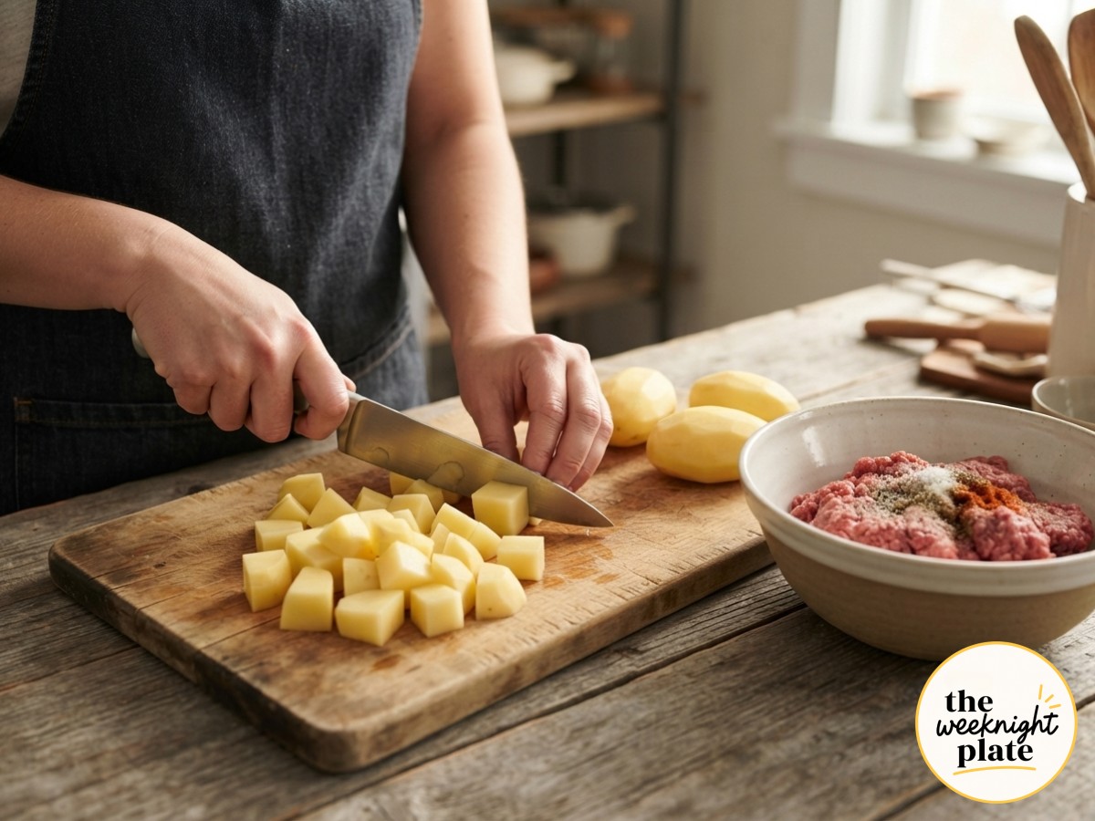 Dicing raw potatoes on a wooden board next to a bowl of seasoned ground beef for cheesy potato ground beef casserole