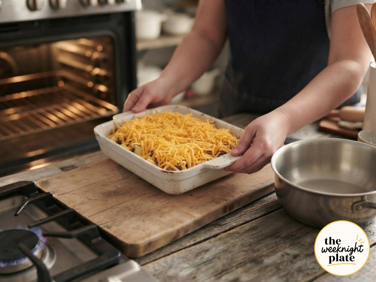 Topping the assembled cheesy potato ground beef casserole with shredded cheddar before it goes into the oven