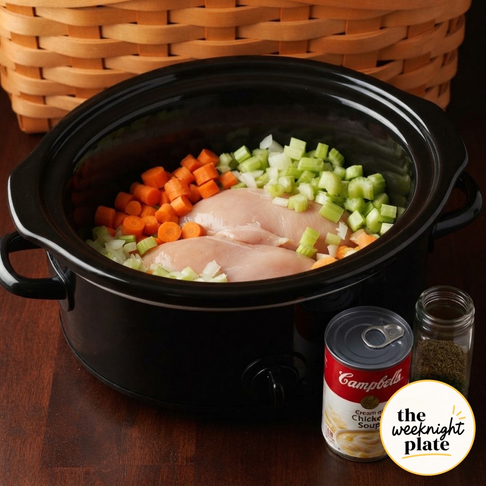 Raw chicken breasts and diced carrots, celery, and onion arranged for crock pot chicken pot pie with biscuits.