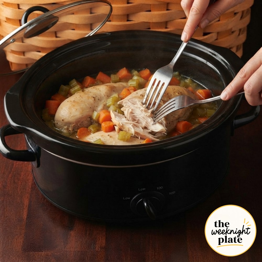 Two forks shredding tender cooked chicken in the broth base of crock pot chicken pot pie with biscuits.