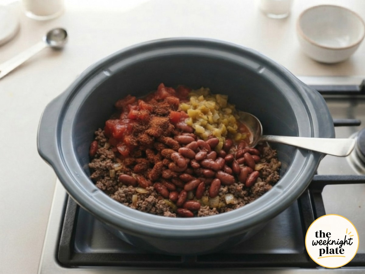 Browned beef, diced tomatoes, kidney beans, and green chiles sit layered in the crock pot before stirring together.