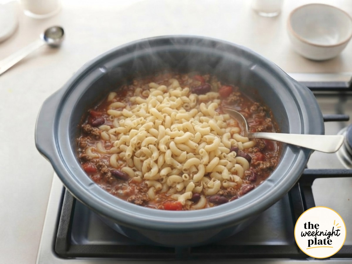 Dry elbow macaroni is stirred into the bubbling chili mixture, the defining step of any good crock pot chili mac.