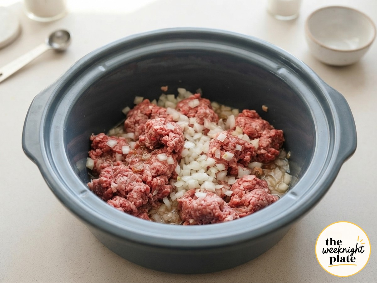 Raw ground beef and diced onion sit unbrowned in a gray crock pot before this crock pot chili mac begins cooking.