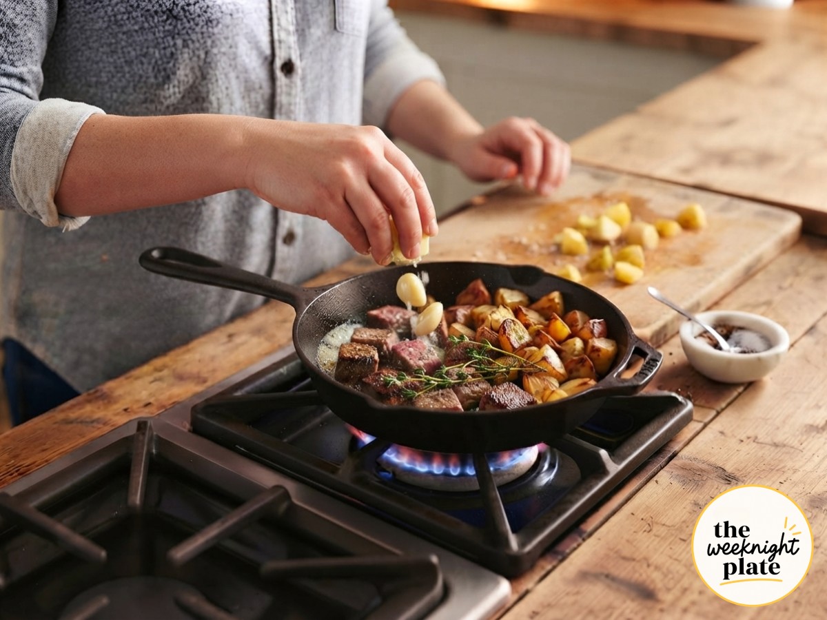 Butter, garlic cloves, and fresh thyme hit the hot skillet to finish the garlic butter steak bites and potatoes.