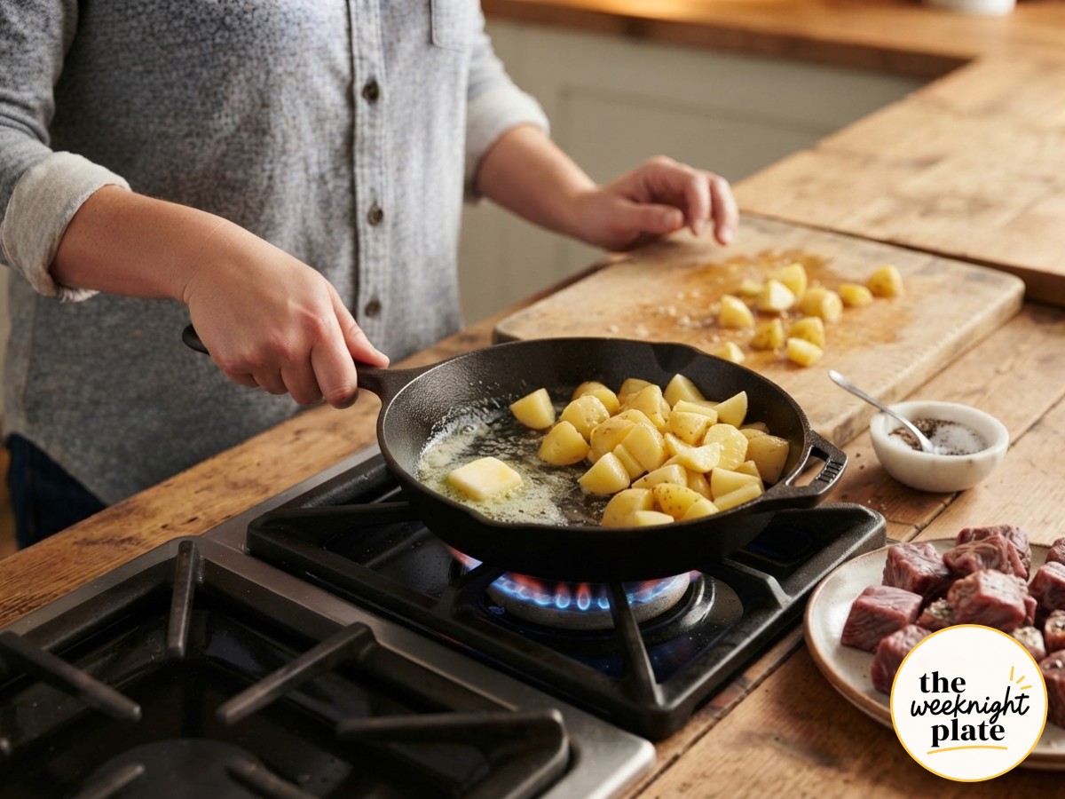 Butter melts in a cast-iron skillet as diced potatoes go in to start the garlic butter steak bites and potatoes.