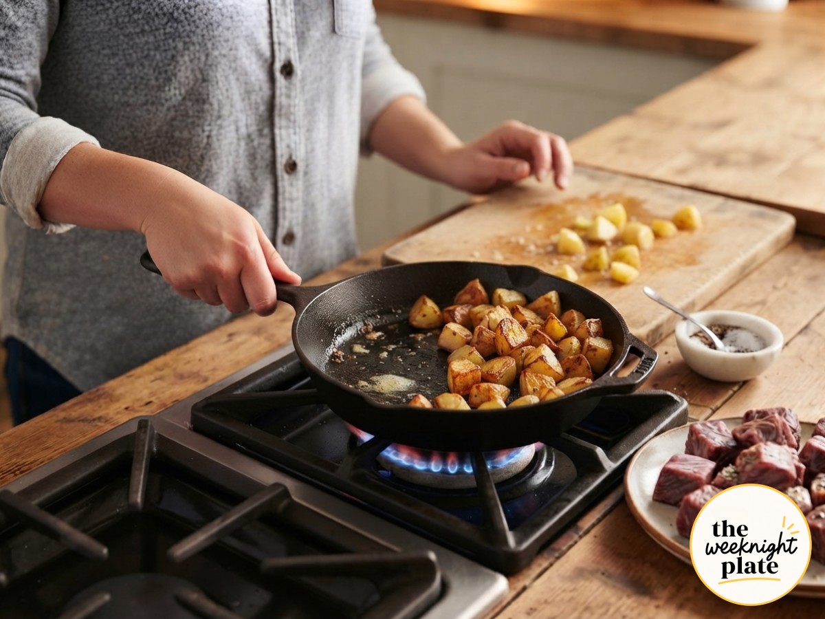 Golden crispy potatoes get pushed aside in the skillet, making room for the steak in this one-pan dinner.