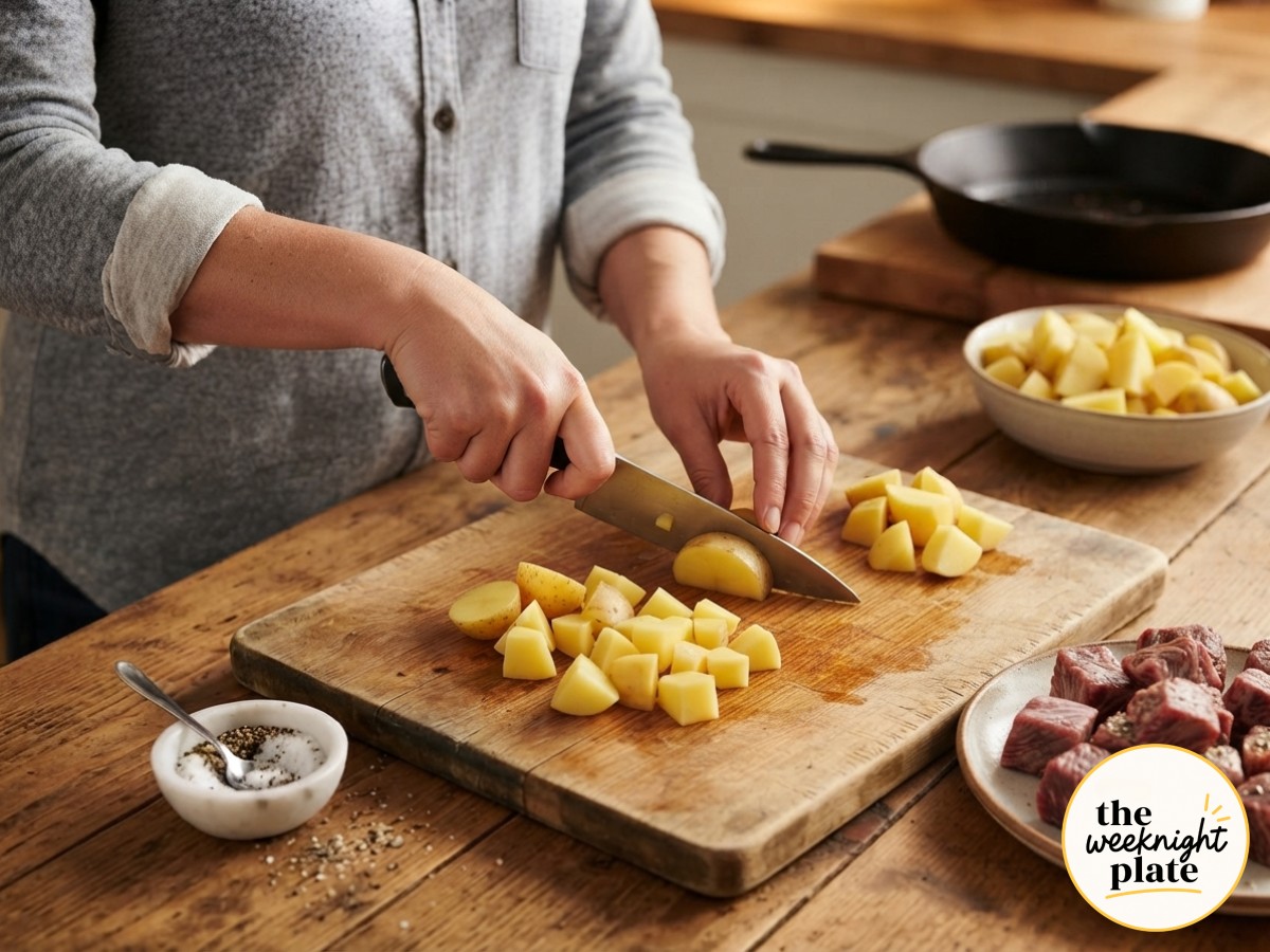 Diced yellow potatoes being cut for garlic butter steak bites and potatoes ahead of searing the steak.