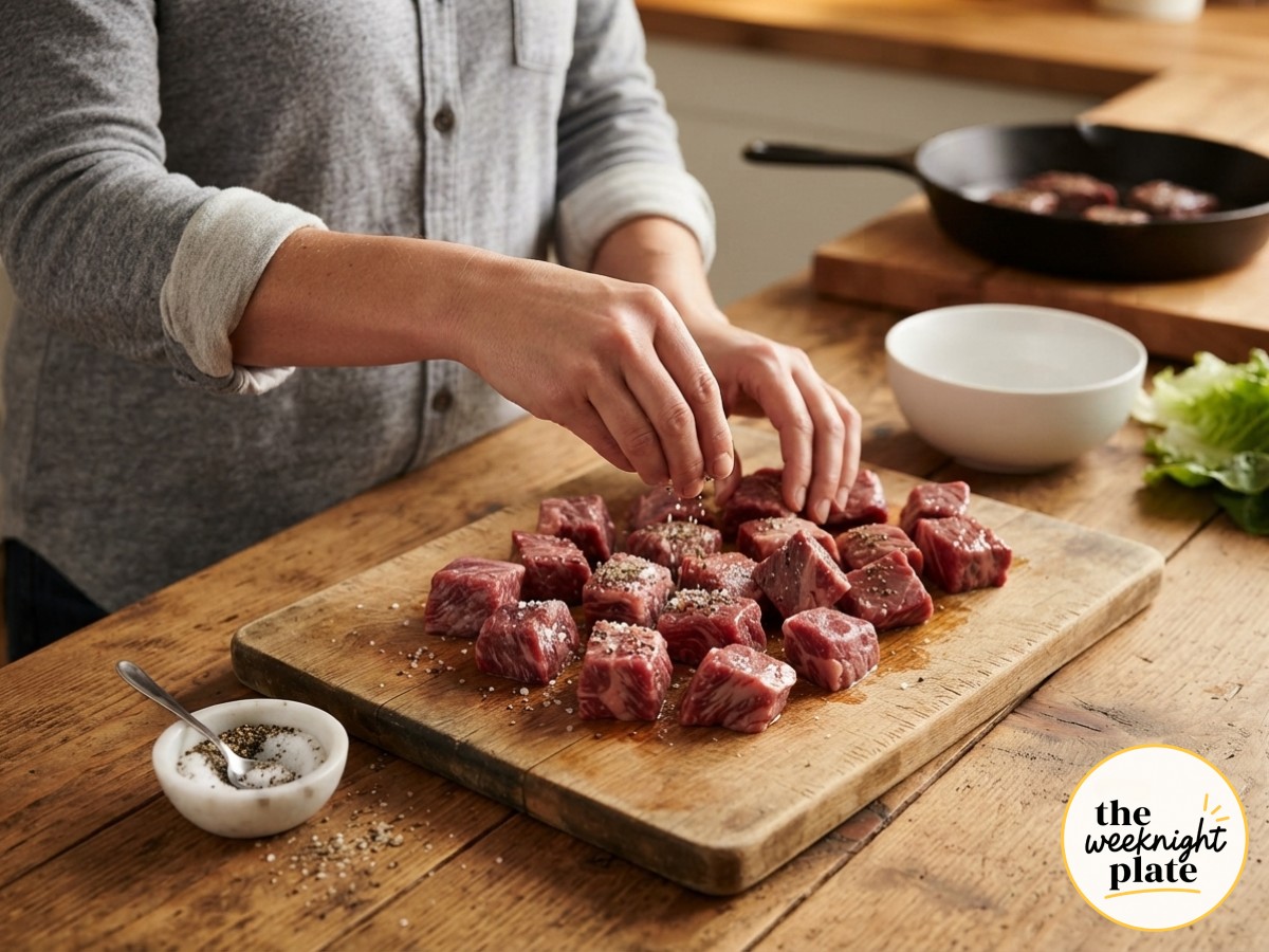 Raw sirloin cubes for garlic butter steak bites and potatoes get seasoned with salt and pepper on a board.