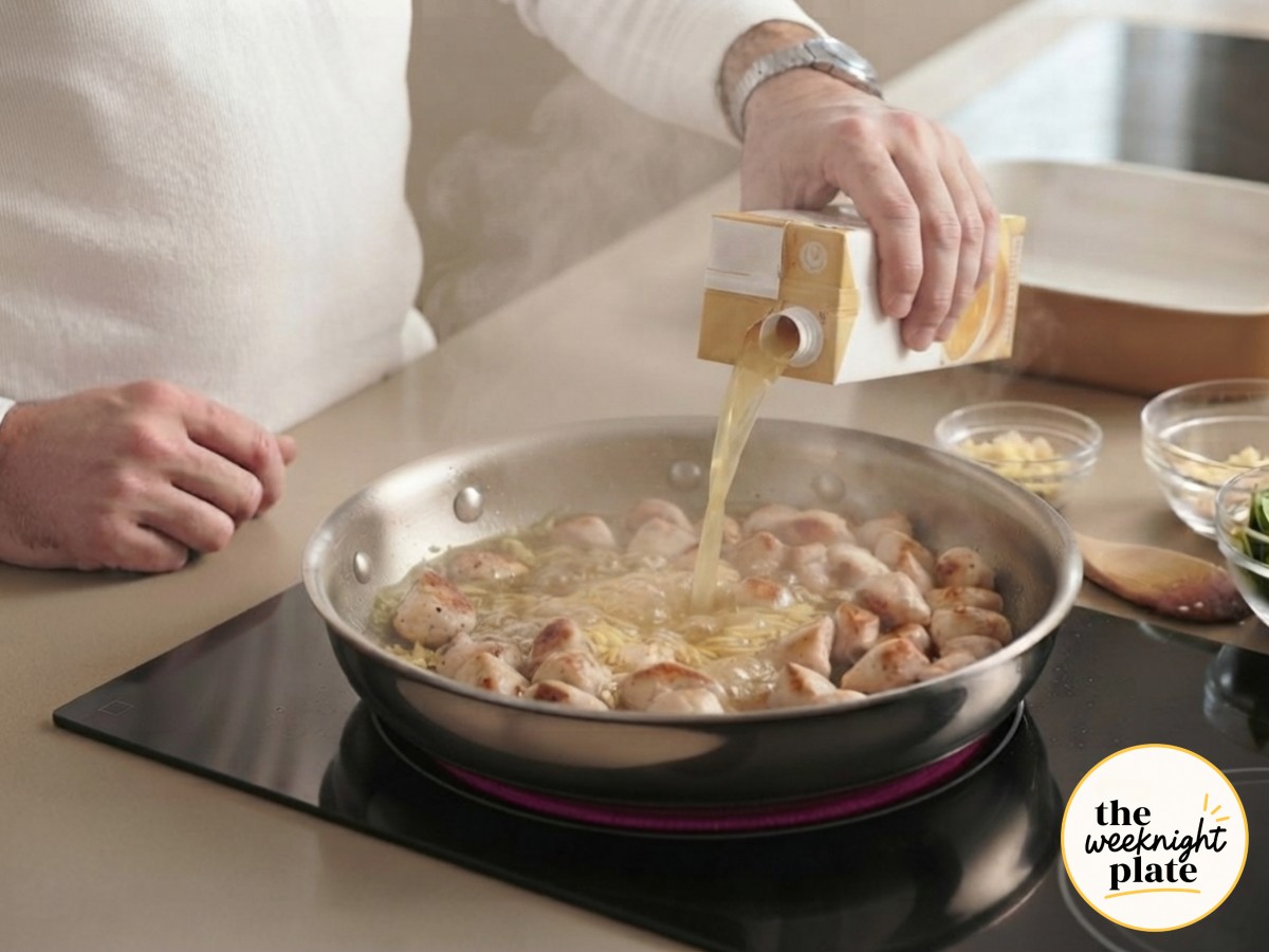 Chicken broth pouring into the skillet, simmering around the orzo and chicken for creamy high protein chicken orzo.