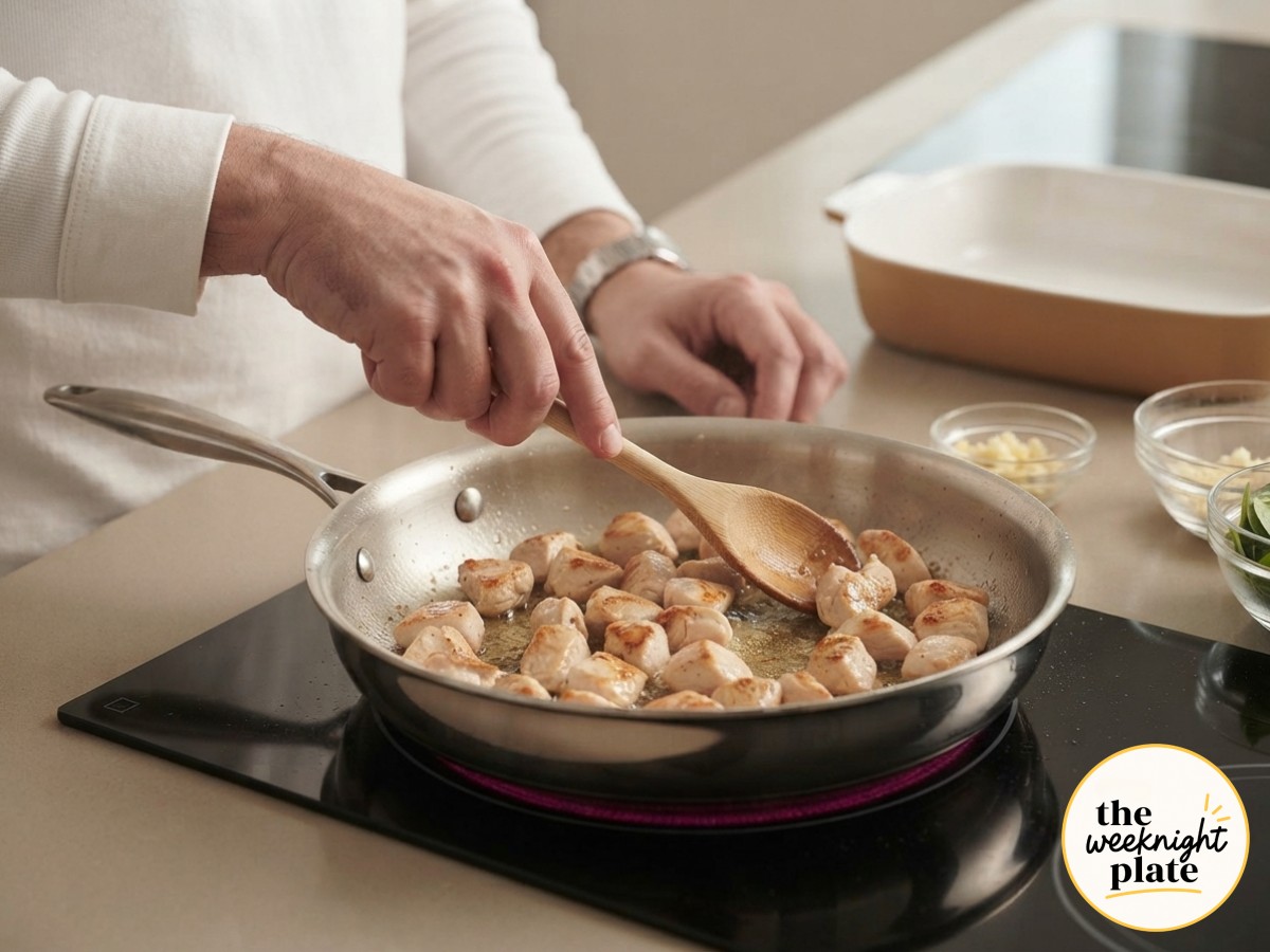 Diced chicken searing golden brown in a stainless skillet, the first step in this high protein chicken orzo recipe.