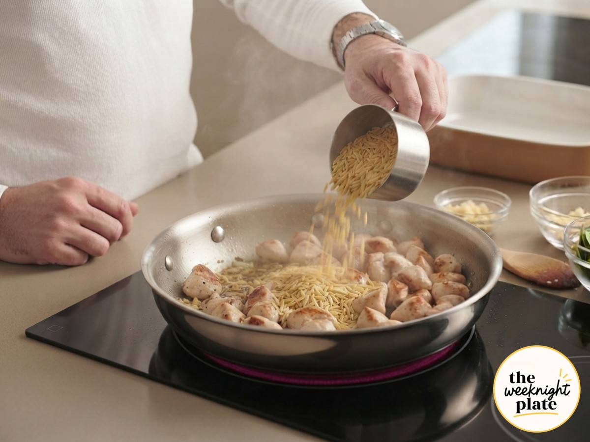 Dry orzo pasta poured into the hot skillet to toast briefly with the chicken before the broth goes in.