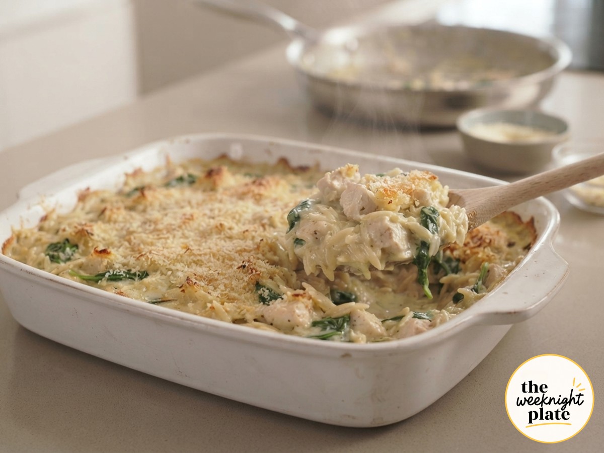 High Protein Chicken Orzo (One Skillet, Crispy Parmesan Top)