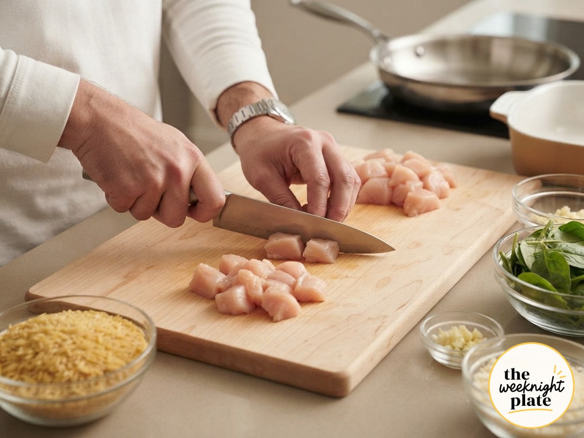 Raw diced chicken breast on a cutting board alongside orzo, spinach, and garlic for high protein chicken orzo prep.