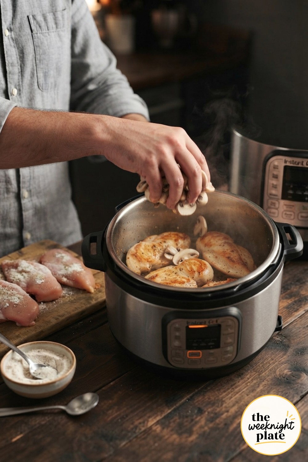 Adding sliced mushrooms to golden seared chicken inside the Instant Pot for chicken marsala