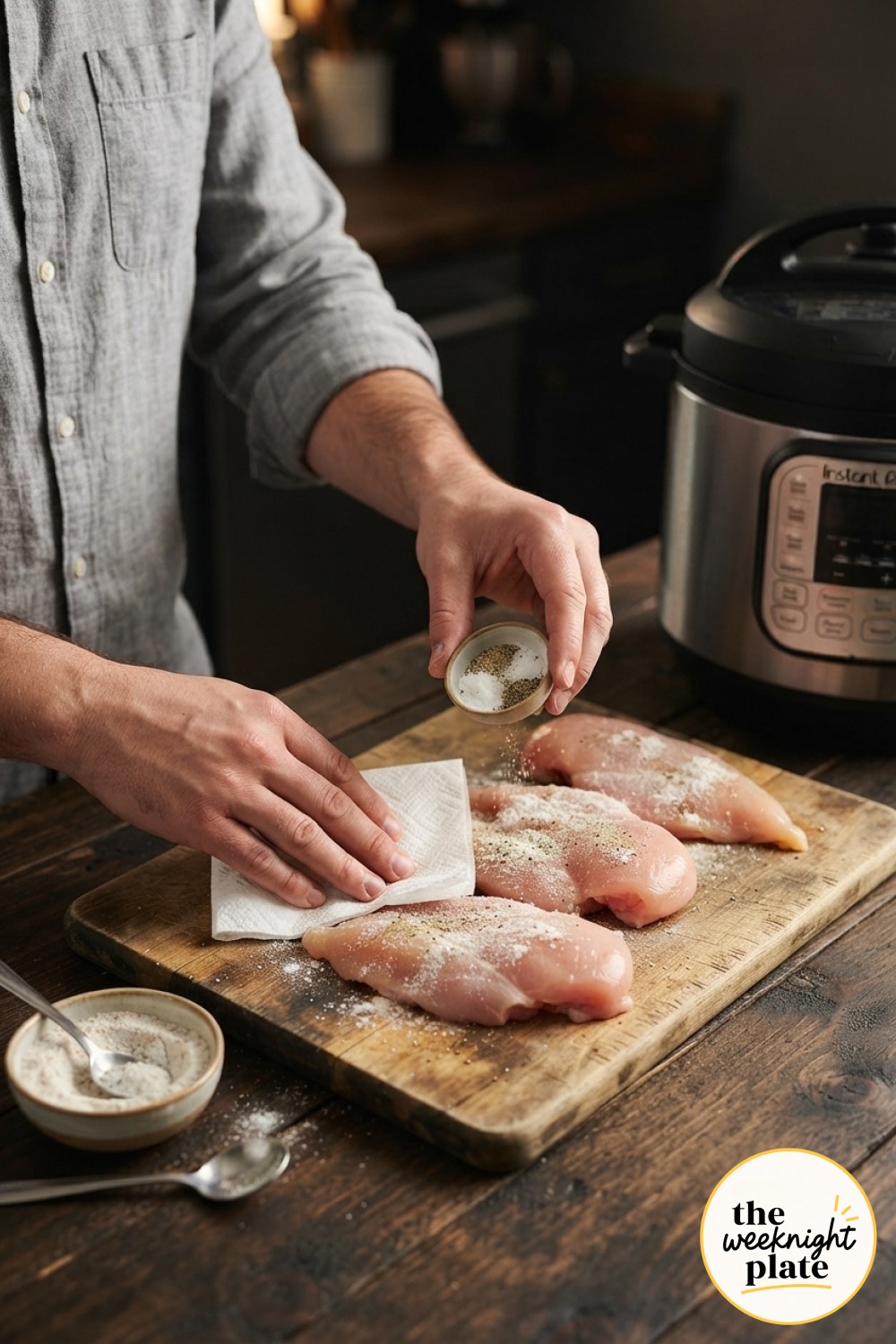 Seasoning raw chicken breasts with salt, pepper, and flour before searing for instant pot chicken marsala