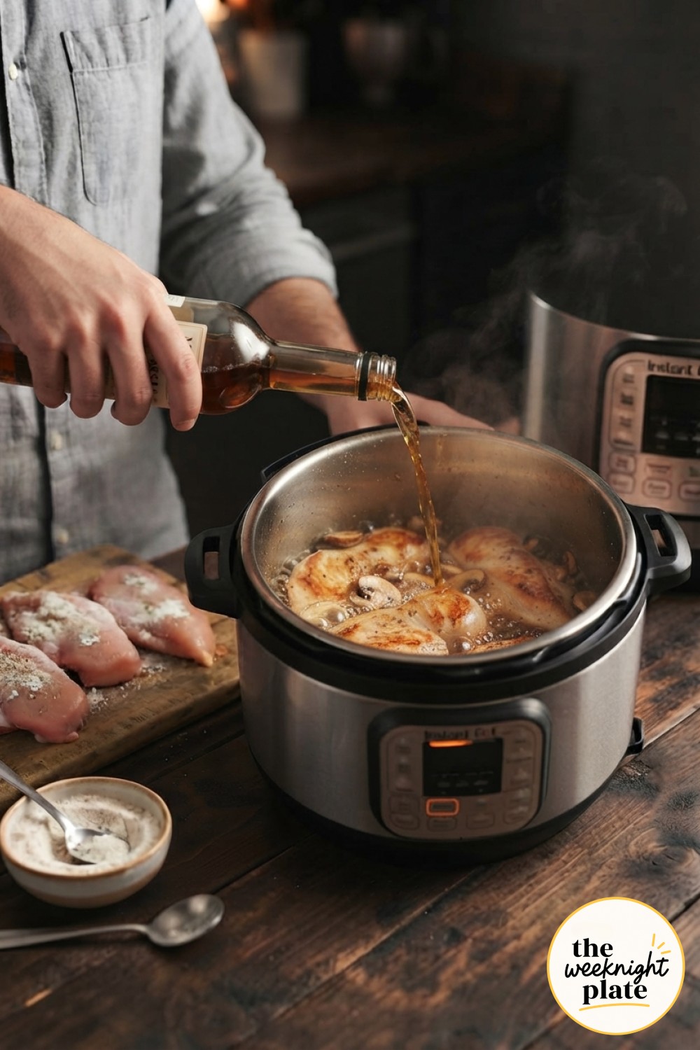 Pouring Marsala wine over chicken and mushrooms to deglaze the Instant Pot for the sauce