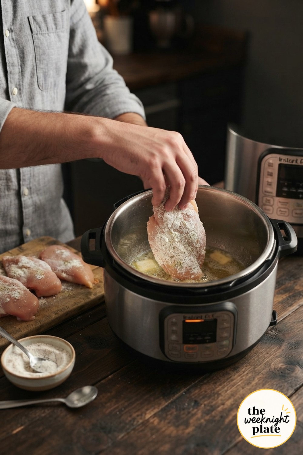 Lowering a floured chicken breast into sizzling butter on the Instant Pot sauté setting