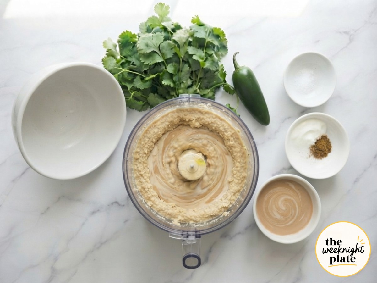 Mid-blend hummus mixture still coarse before tahini and yogurt fully incorporate