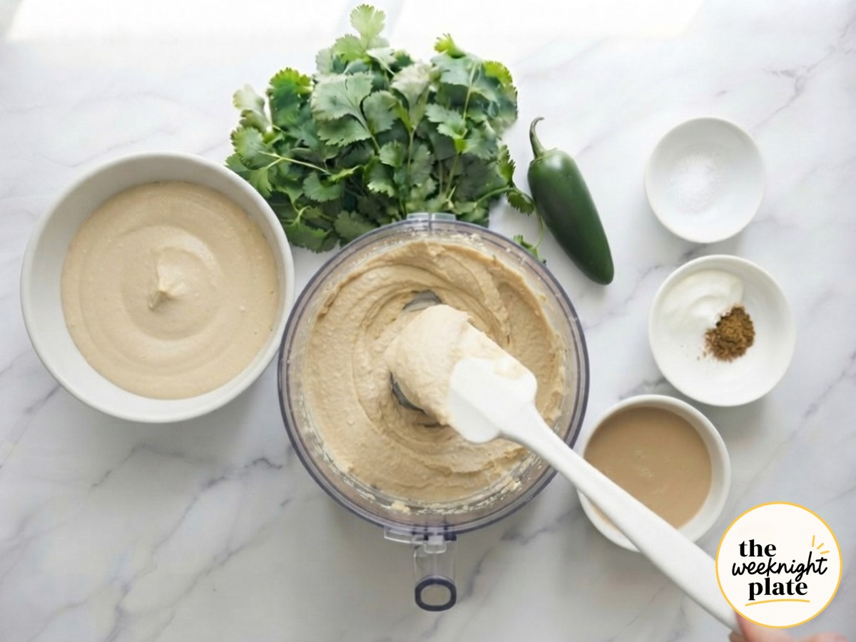 Smooth blended hummus being scraped from the processor into a serving bowl