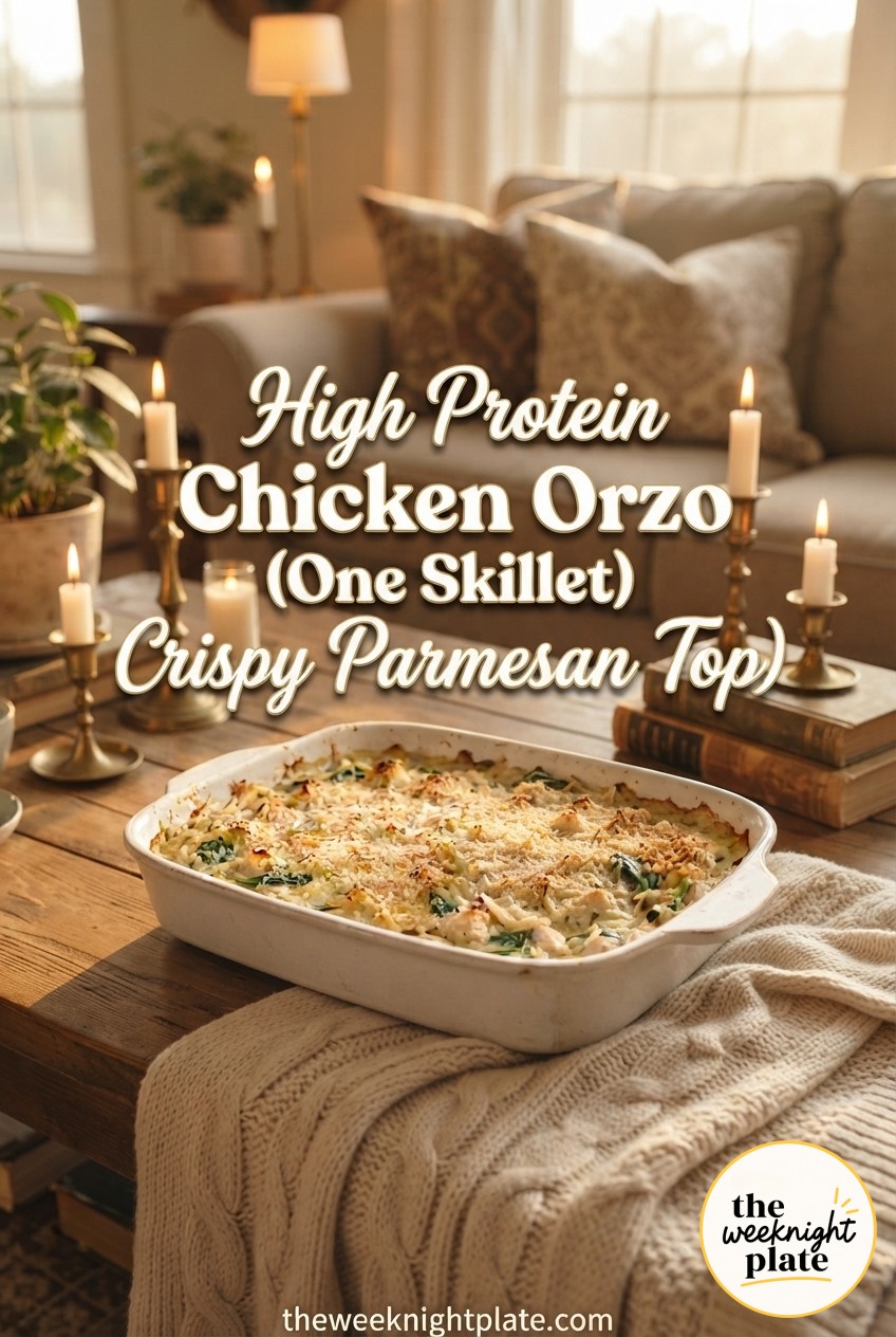 High Protein Chicken Orzo (One Skillet, Crispy Parmesan Top)