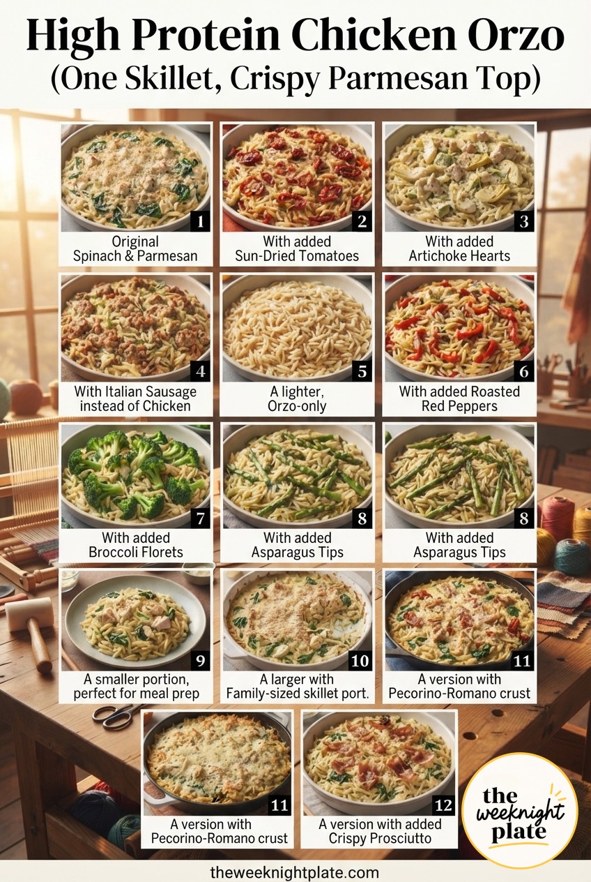High Protein Chicken Orzo (One Skillet, Crispy Parmesan Top)