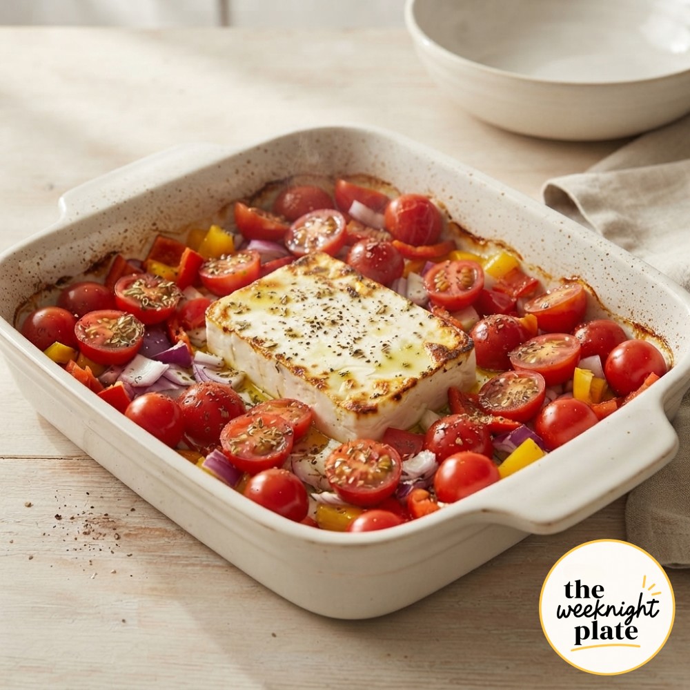Feta and tomatoes blistered and golden straight from the oven, the first stage of baked feta pasta.