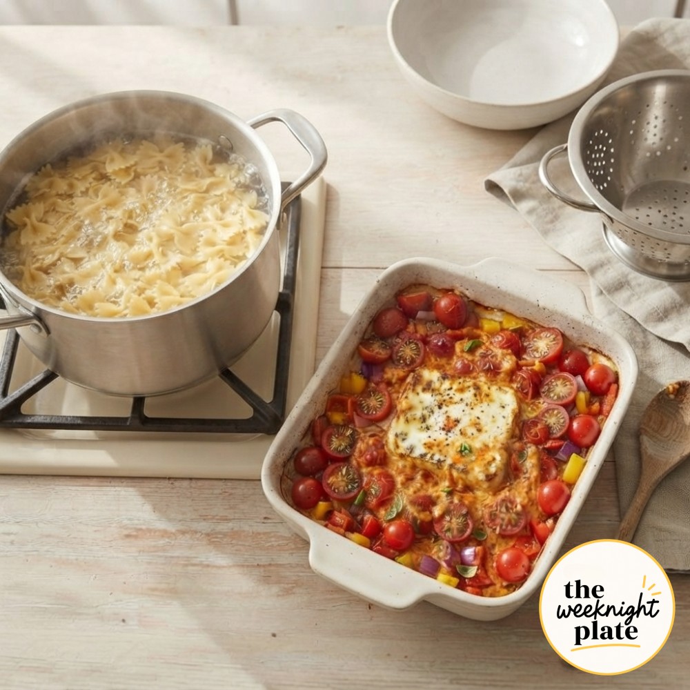 Farfalle pasta boiling alongside the roasted vegetable feta dish, the parallel step that saves time.