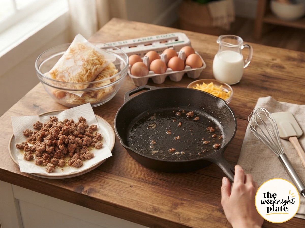 Fully browned sausage draining on paper towels beside uncooked hash browns for a sausage hash brown breakfast casserole