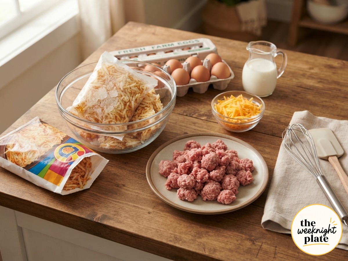 Raw ingredients for a sausage hash brown breakfast casserole laid out on a wooden counter before cooking begins