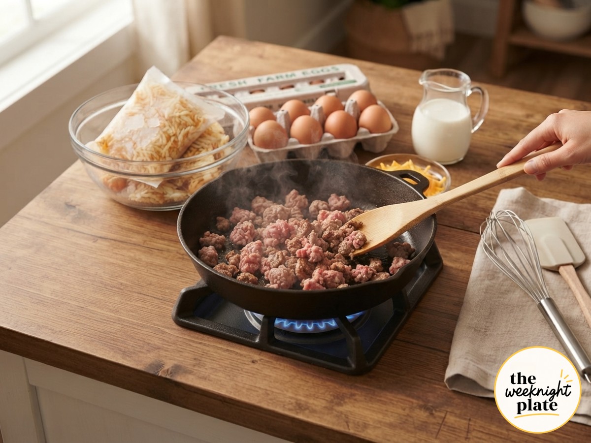 Ground sausage browning in a skillet over gas flame, the first cooked step of a sausage hash brown breakfast casserole