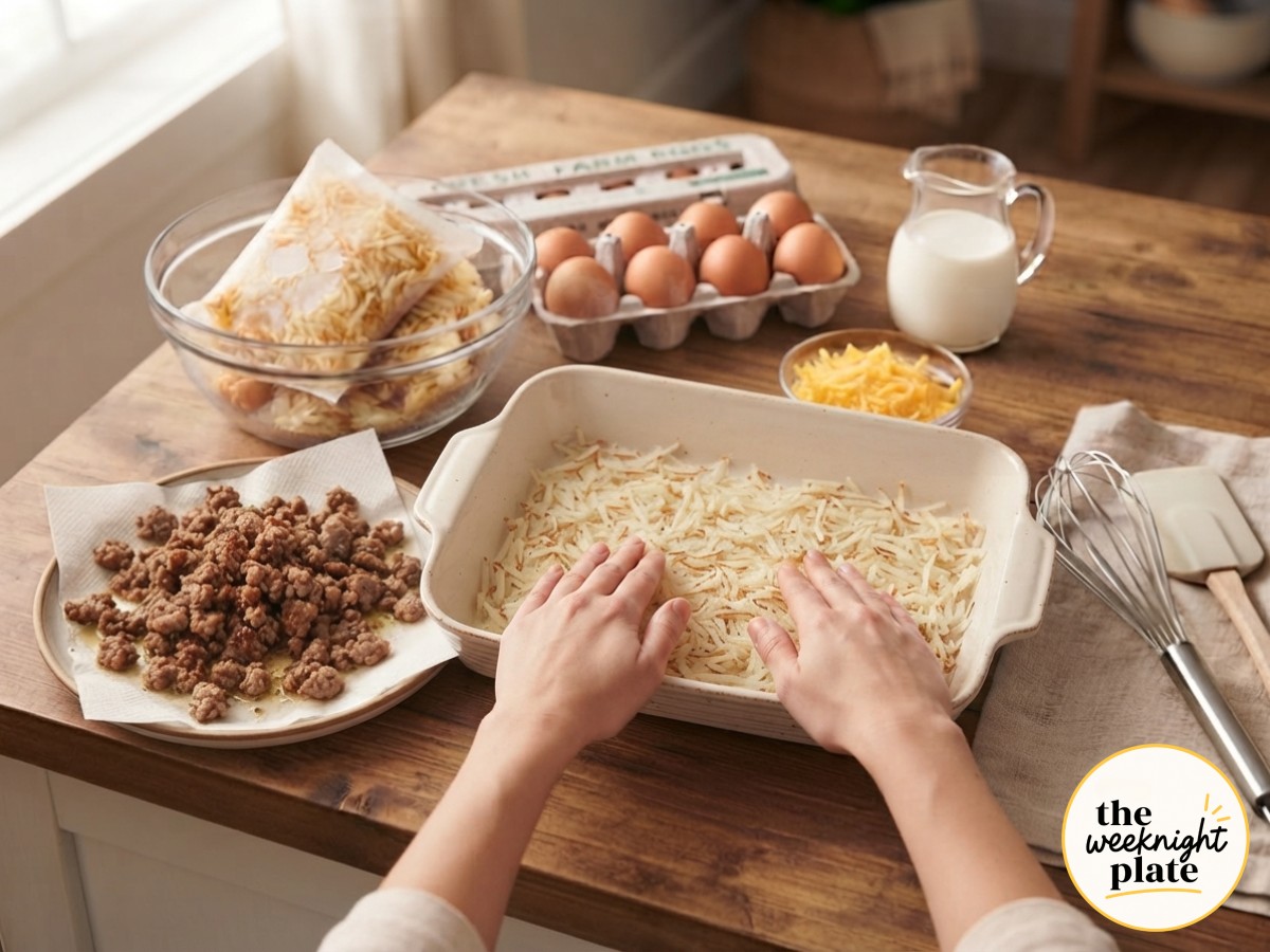 Hands pressing frozen shredded hash browns into a baking dish to form the base of a sausage hash brown breakfast casserole