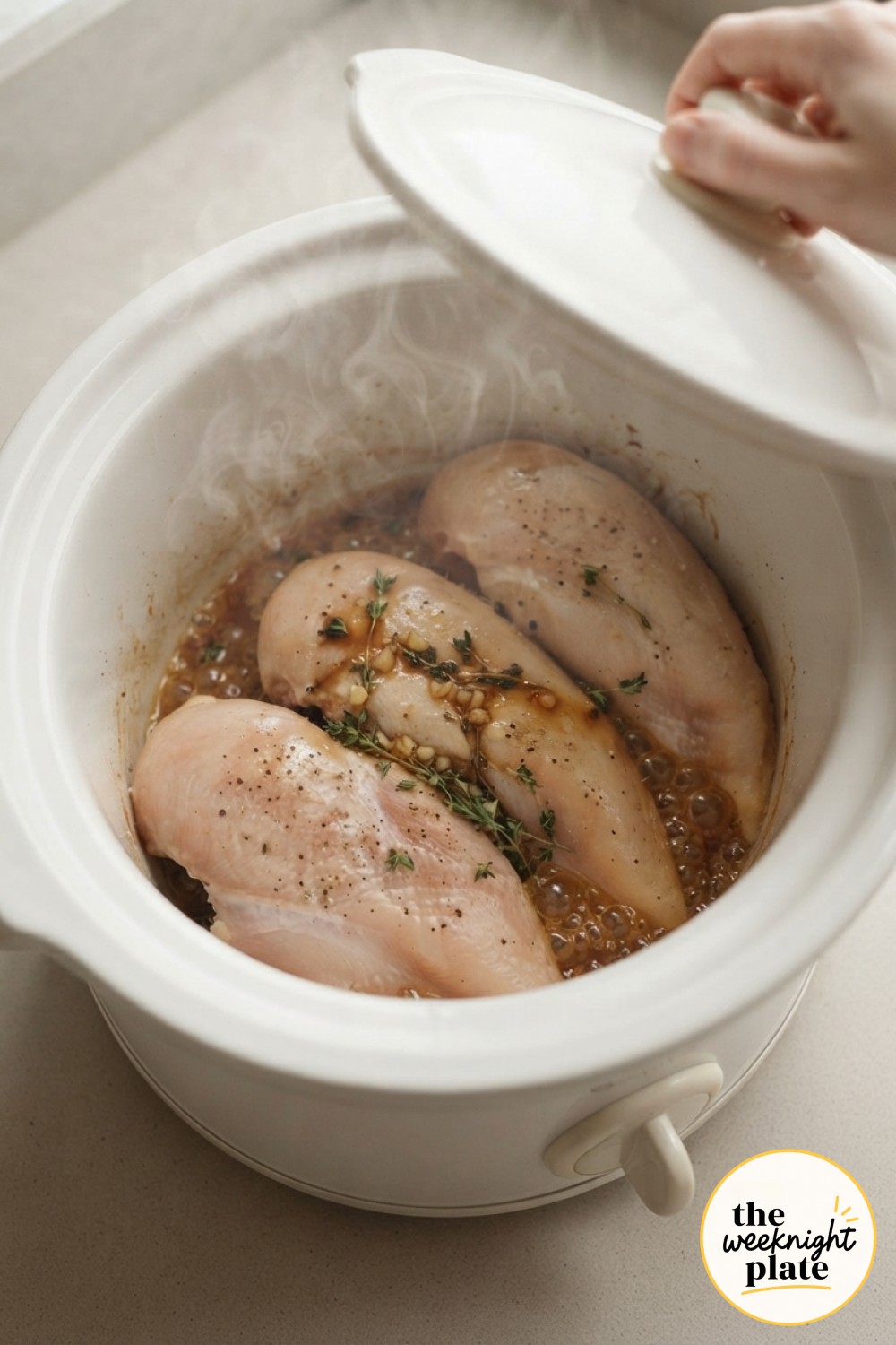 Steam rising as the lid lifts on slow cooker honey garlic chicken mid-cook, sauce turning glossy