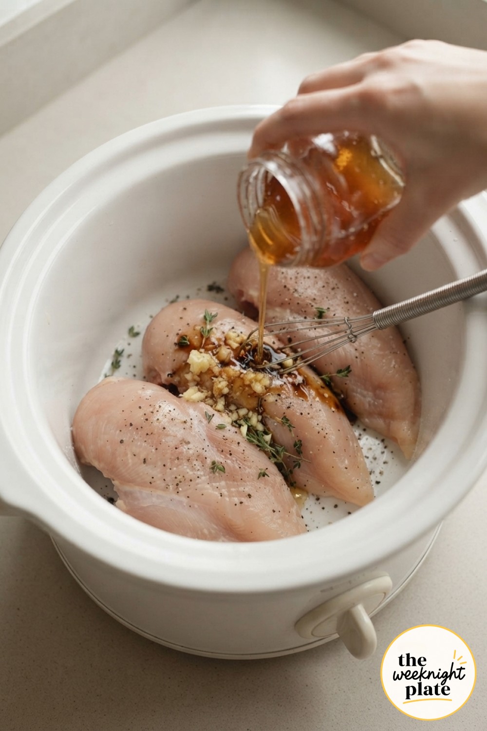 Pouring honey garlic sauce over raw chicken breasts in the slow cooker insert before cooking