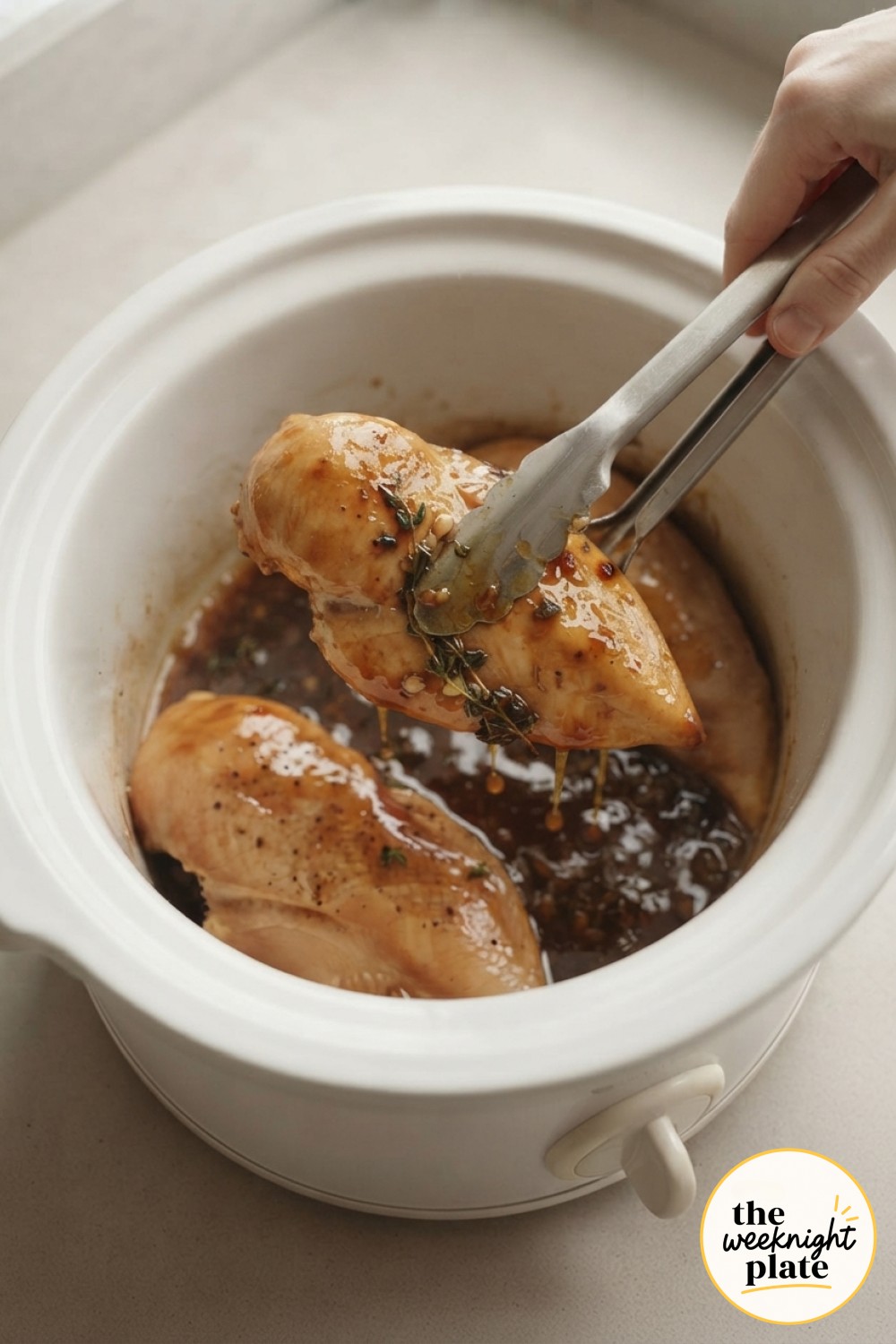 Tongs lifting glazed, fully cooked slow cooker honey garlic chicken from the pot, sauce dripping