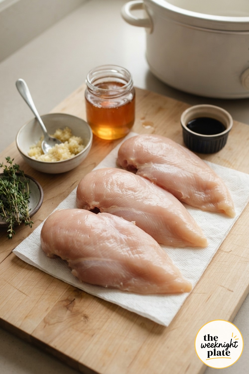 Raw chicken breasts and mise en place laid out before making slow cooker honey garlic chicken